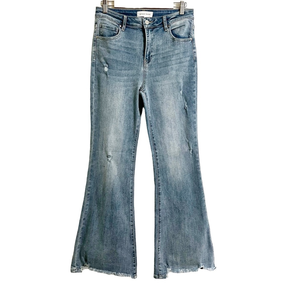 Risen Jeans Bell Bottoms Frayed Fringe 70s Style High Waisted Jeans